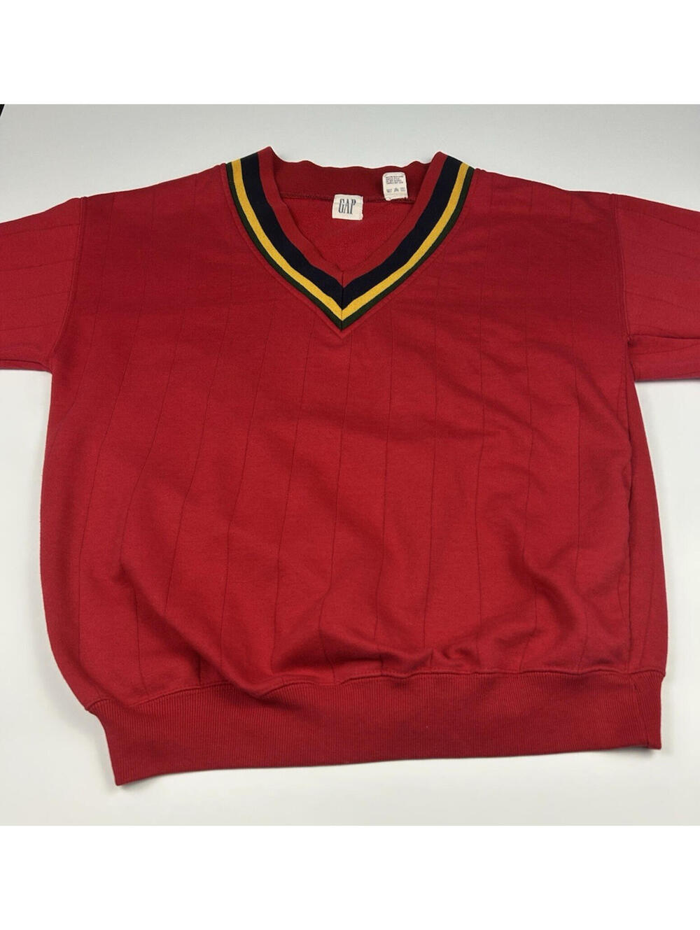 Vtg GAP Red V-Neck Sweatshirt with Striped Collar Size M